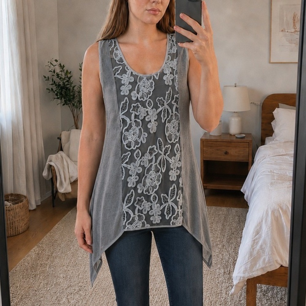 Women Lace Embroidered Top Large Gray Floral Mesh Boho Fairy Cottage Ethereal